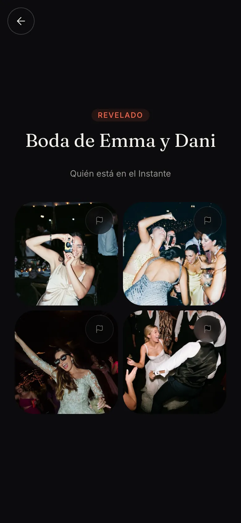 El album revelado de Boda de Emma y Dani: la grilla de Momentos que dispararon los invitados.